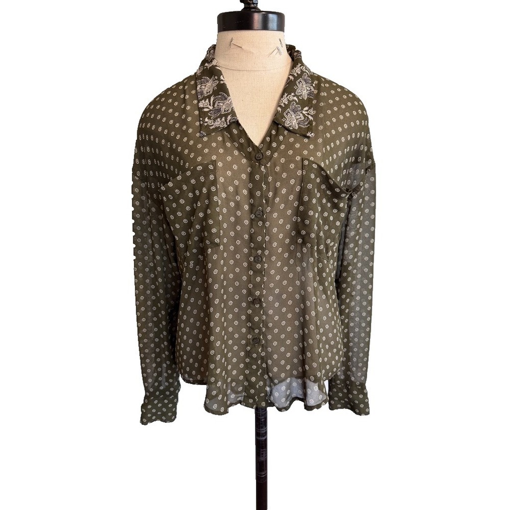 Free People Women's SHEER Geometric Shirt Top Chiffon Olive Green XS/S
